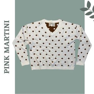 Pink Martini Women’s V-Neck Polka Dot Cream Brown Long Sleeved Sweater Small